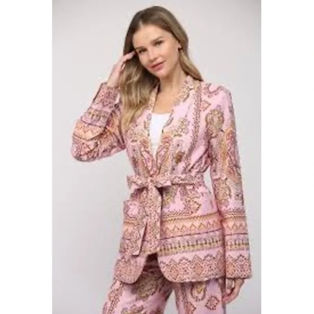 Fate Pink Paisley Print Wrap Jacket Blazer Tie Waist Women's‎ Small